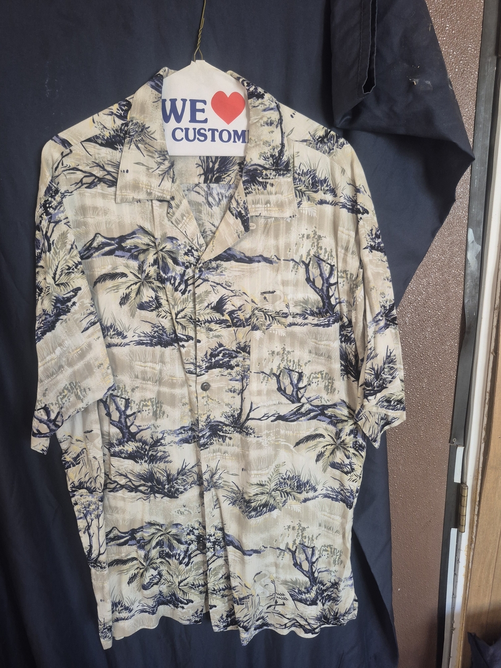 Vintage Beige & Navy Tropical Print Camp Shirt